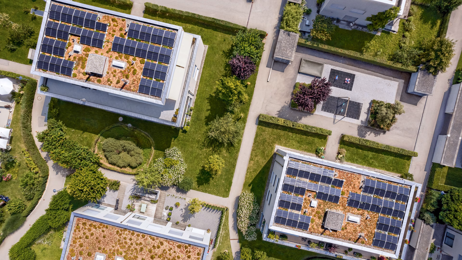 Luftaufnahme von Wohngebäuden mit begrünten Flachdächern und Solaranlagen in einer Gartenanlage